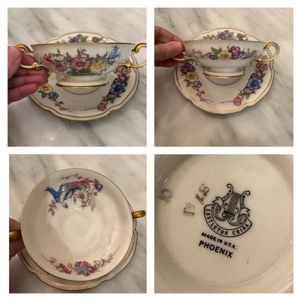 Antique Castleton China Soup Bowl Cup & Saucer Phoenix USA Gold Scalloped Edge